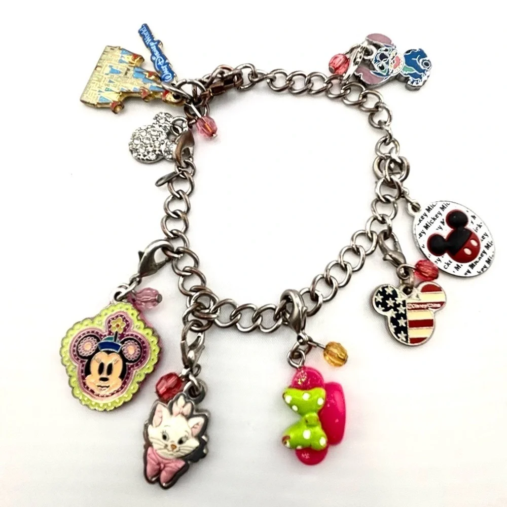 Disney Parks Charm Bracelet Lot Mickey Stitch Marie Castle Americana